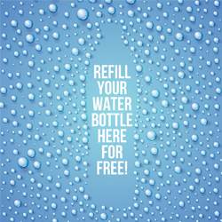 an illustration of a bottle with text on saying 'Refill your water bottle here for free'.